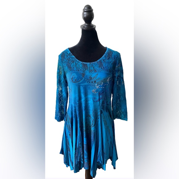 Reina: Mixed Print Blue, Green and Black Shark Bite Dress - Picture 1 of 17